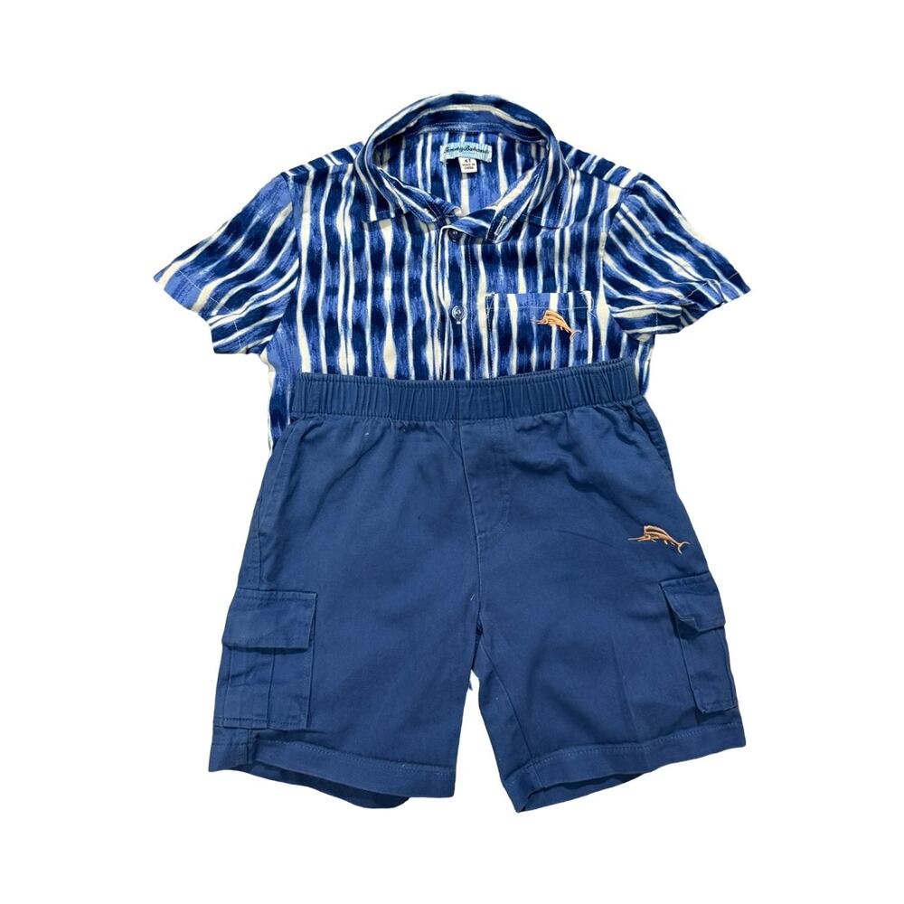 Tommy Bahama Boys 4T Blue Striped Button Front Shirt Cargo Shorts Outfit